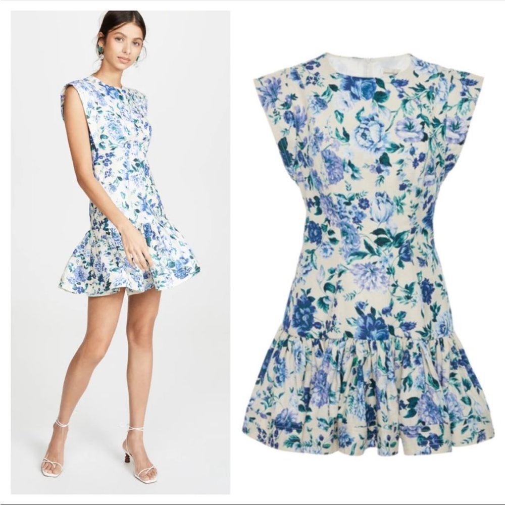 Zimmermann Moncur Flounce Short Dress Dresses Linen Floral Print White Blue 2